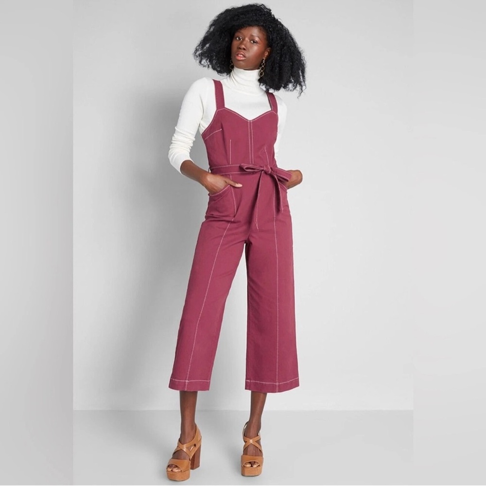 Modcloth A Solid Plan Cropped Jumpsuit Romper Overalls Burgundy Large